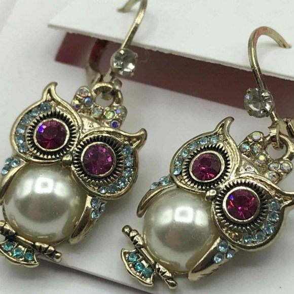 A25-NIB Betsey Johnson Rhinestone Owl Glitter Mixed Metal XOX Watch w/ Earrings - Picture 5 of 6